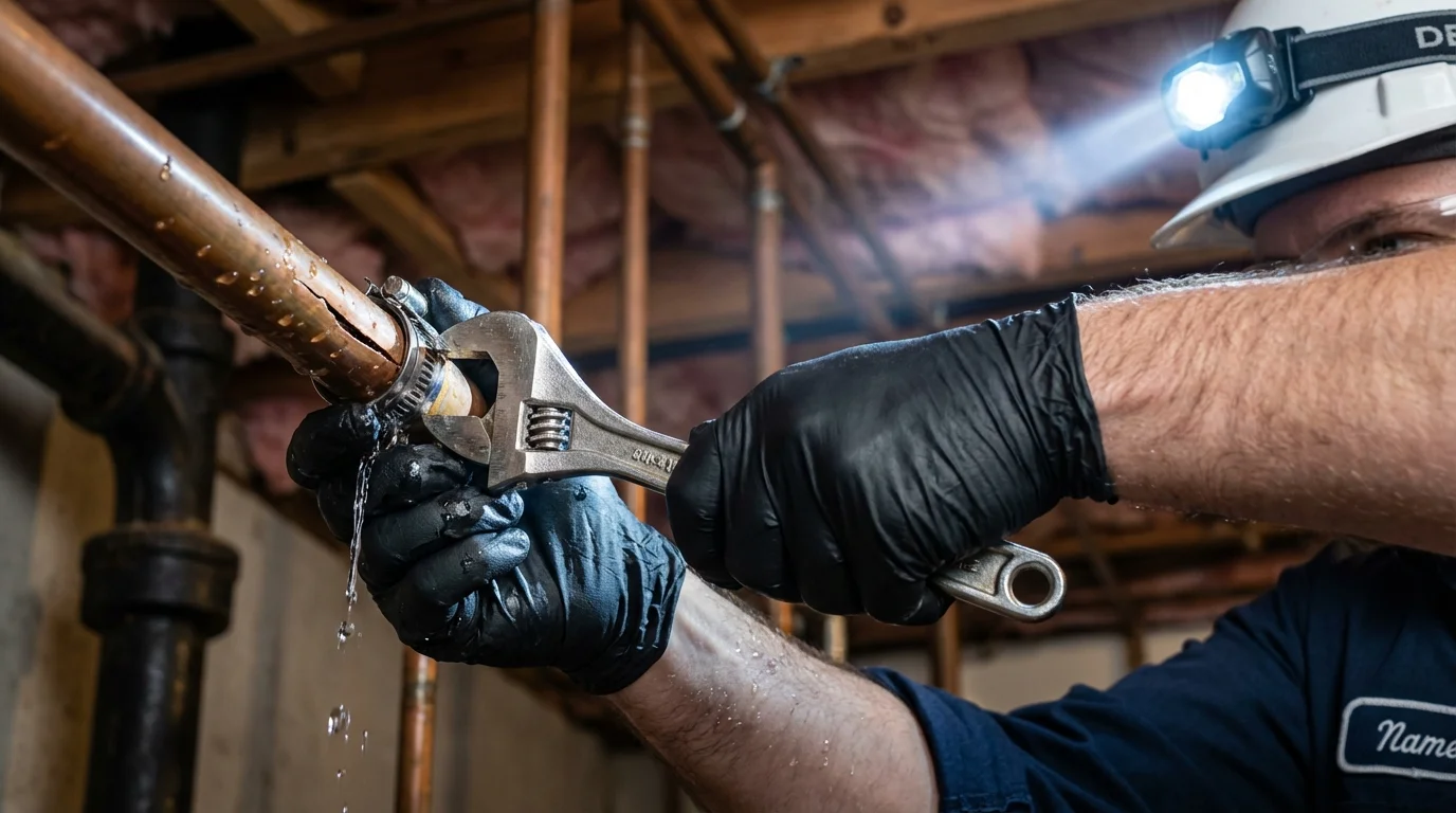 Emergency pipe clamp repair being performed by a Johns Plumbing LLC plumber in Junction