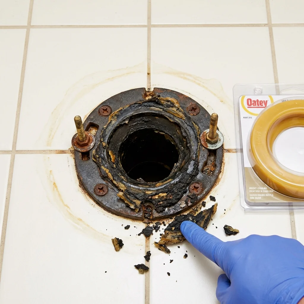 Failed wax ring showing water seepage at the base of a toilet in a Junction, TX home